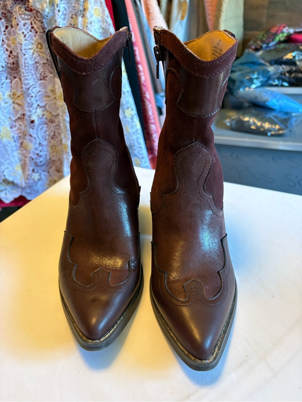 Crown Vintage Burgundy Leather & Suede Western Ankle Boots
